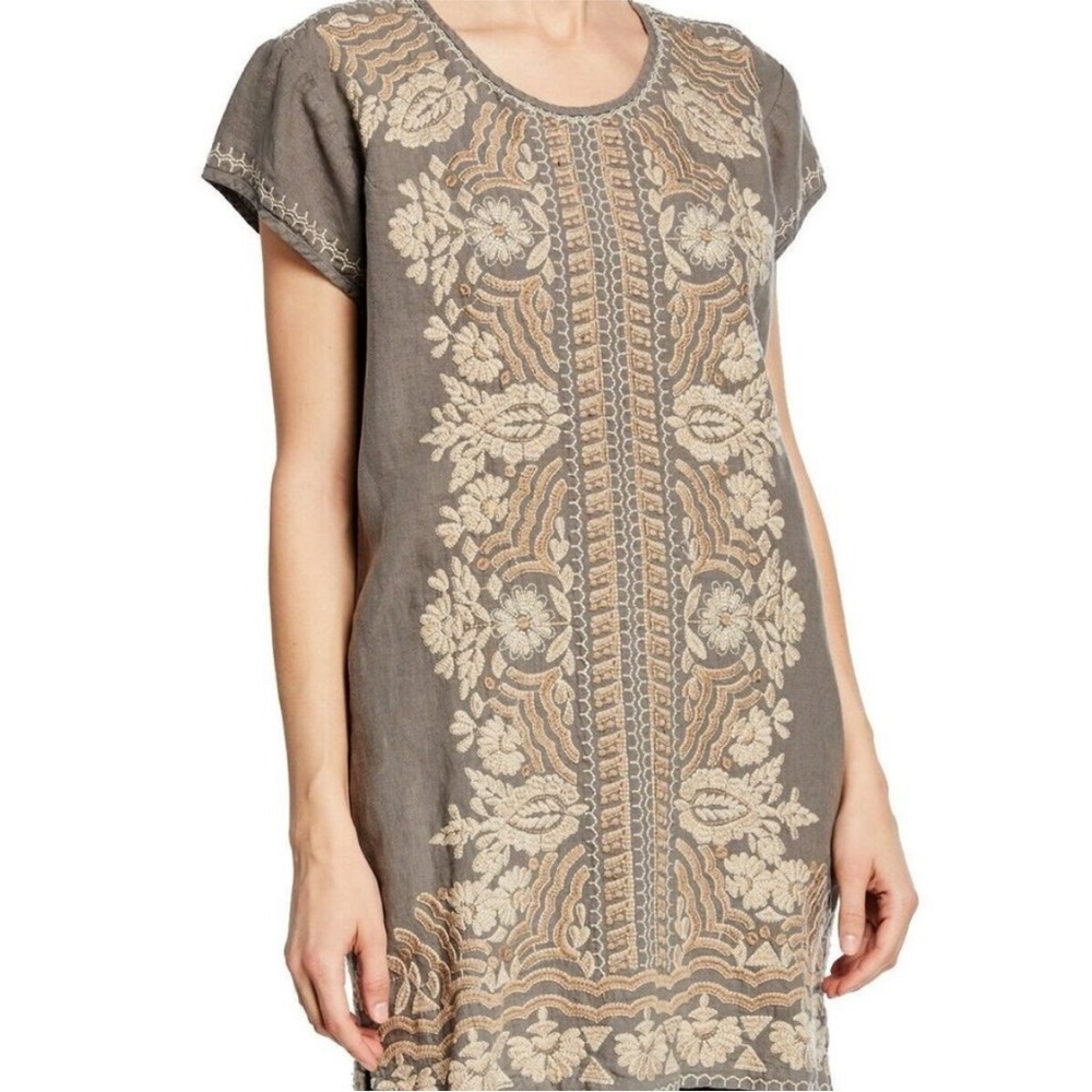 Johnny Was Rita Linen Peasant Tunic Mini Shift Dress J35619-3 Embroidered Beige